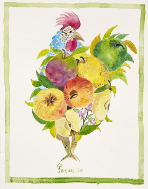 green, yellow,blue,chicken; livestock; cock; acrylic; paper; 2020; painting; animal; animal prints; book four, fruit, apples