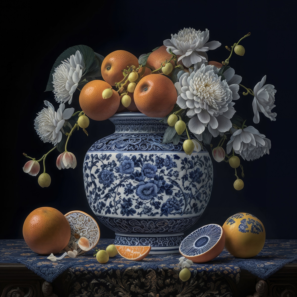 <b>Jeremiah Chechik</b><br>
<b><i>Still Life with Oranges and Buds, </i></b> The Still Lifes (2022)<br>
Hahnemühle Bamboo ink jet print