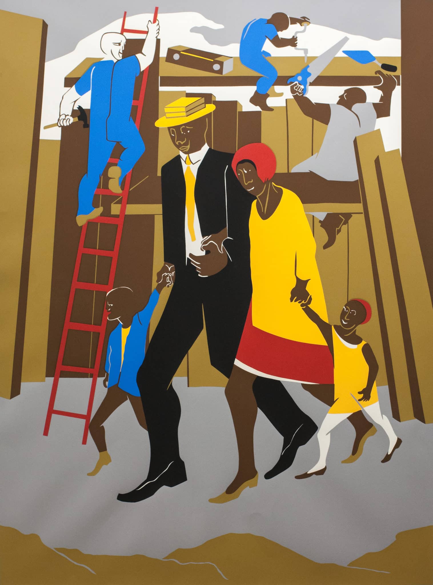 <b>Jacob Lawrence,</b><i> The Builders,</i> 1974, <br>Color screenprint on wove paper. Photograph by IA&A, © Jacob Lawrence / ARS, New York.