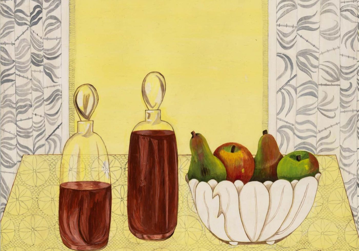 <b>Sophy Regensburg (1885-1974)<b/></br>
<i>Decanters with Pears in Bowl, </i>1967</br>
Casein on canvas</br>
20 x 24 inches (51 x 61 cm) </br>
Collection of the Stamford Museum & Nature Center</br>
Gift of Mr. Charles Regensburg, 87.9.1</br>
