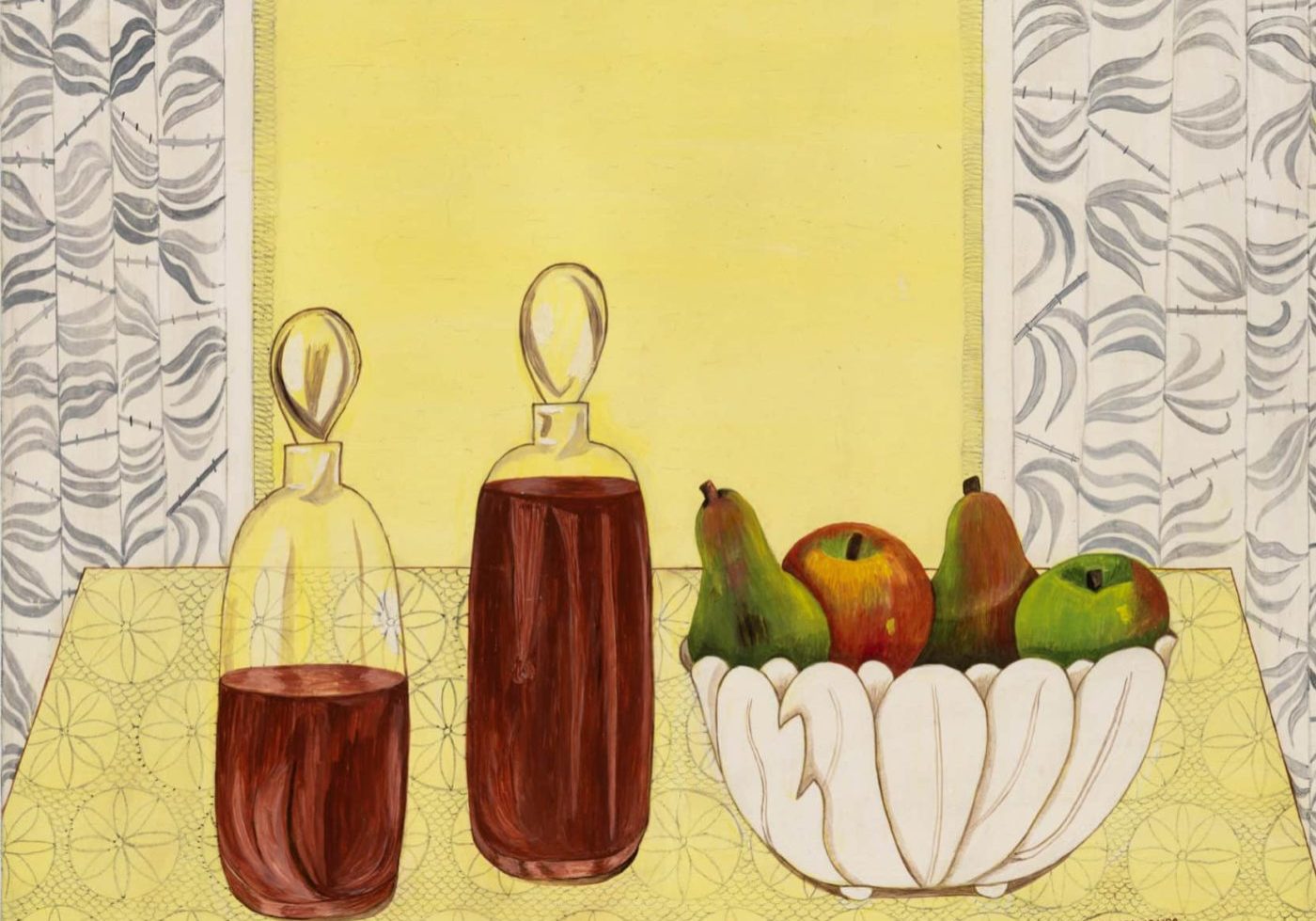 <b>Sophy Regensburg (1885-1974)<b/></br>
<i>Decanters with Pears in Bowl, </i>1967</br>
Casein on canvas</br>
20 x 24 inches (51 x 61 cm) </br>
Collection of the Stamford Museum & Nature Center</br>
Gift of Mr. Charles Regensburg, 87.9.1</br>