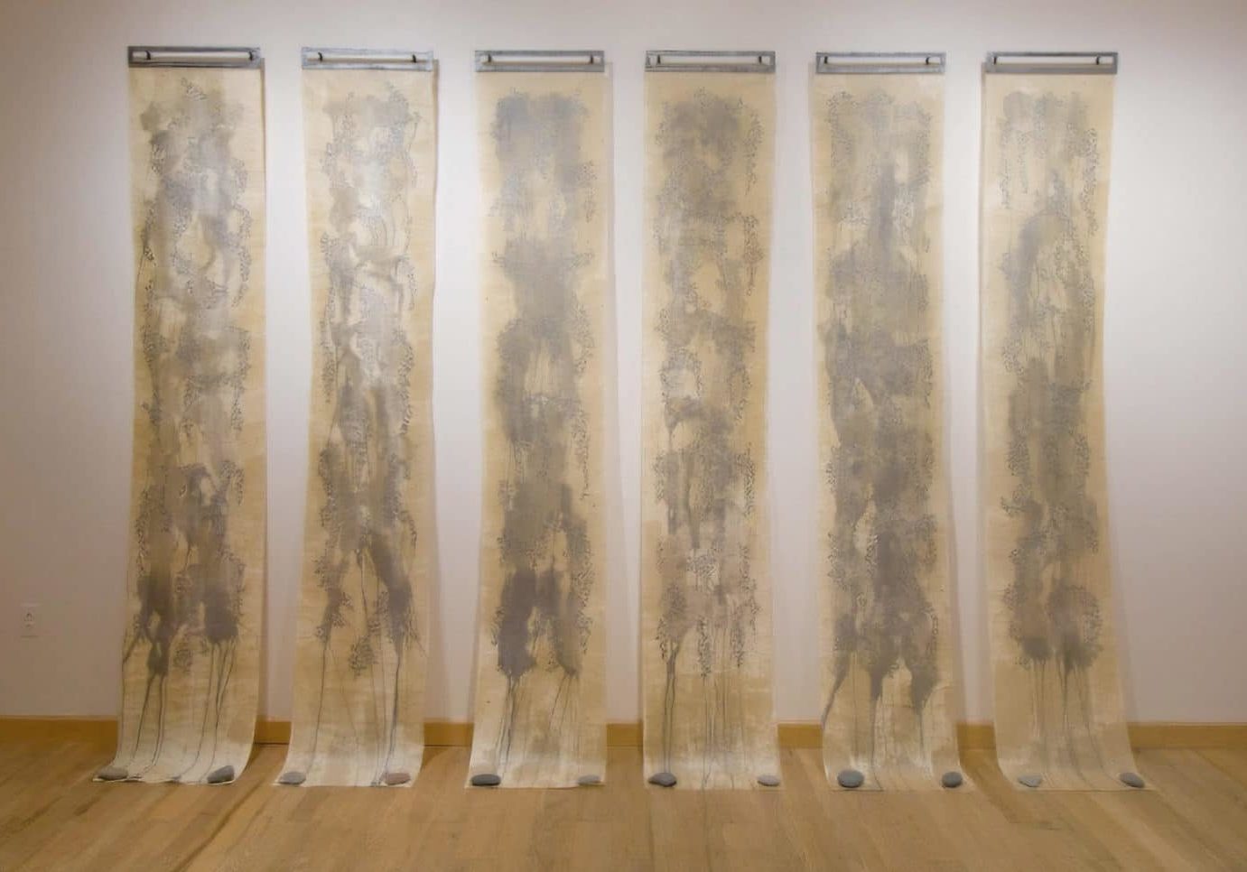 <i>Thought Streams</i>, 2011 – 2012<br>Kozo Paper, Acrylic, Beeswax, Stone, Steel<br>19 inches x 9 feet